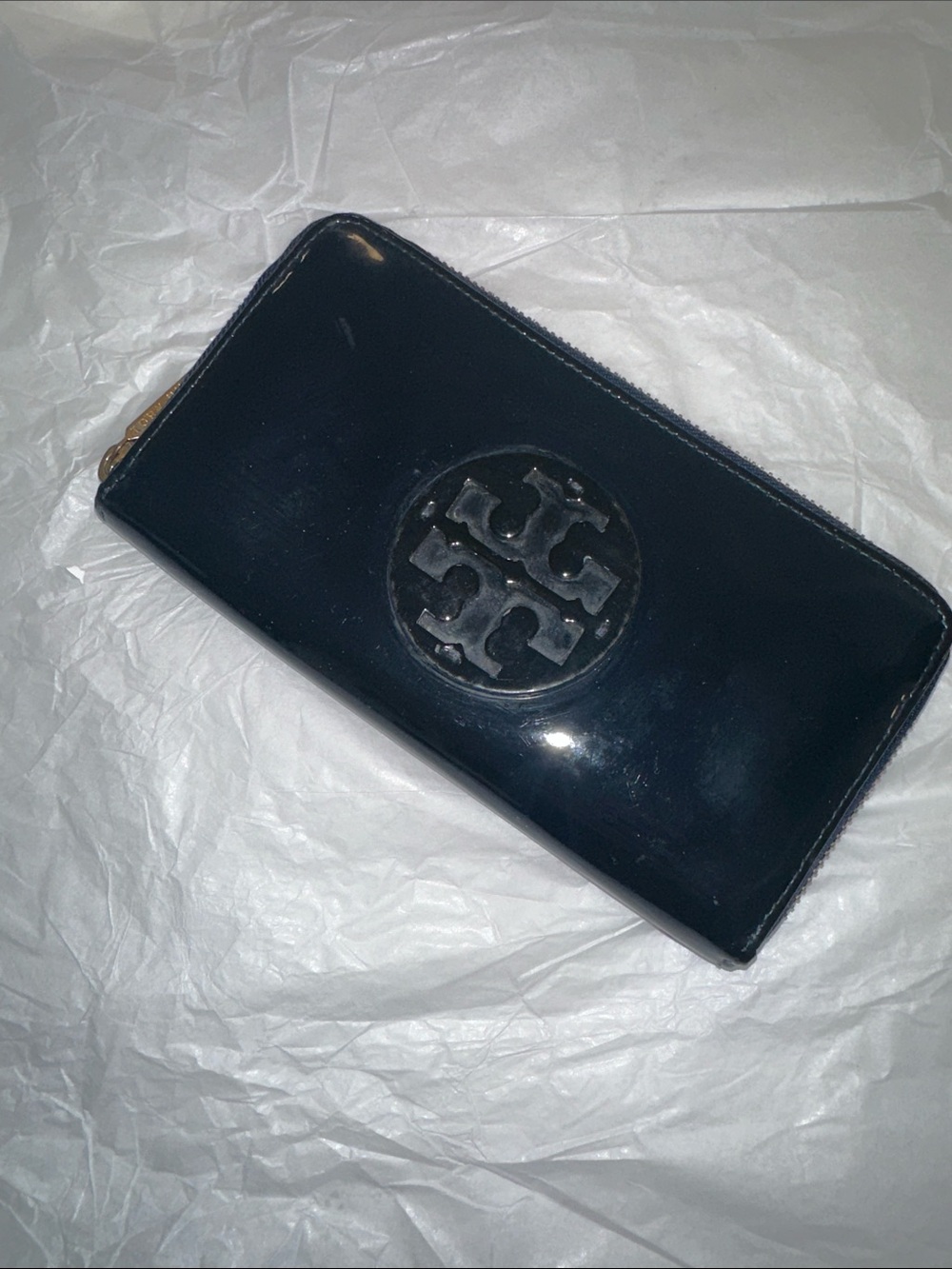 Tory Burch Black Patent Zip-Around Wallet with Logo Emblem